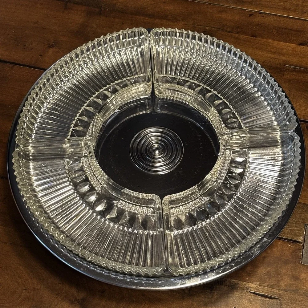 6pc VTG 60s MCM Kromex Chrome Glass Lazy Susan Serving Tray Lid ~ No Center Bowl